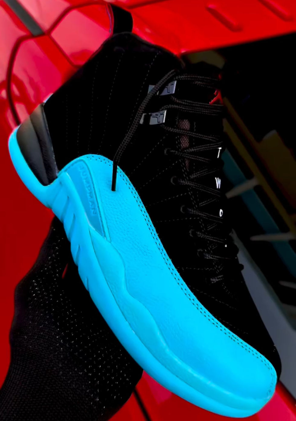 Blue banana-shaped shoelace charm on a sneaker