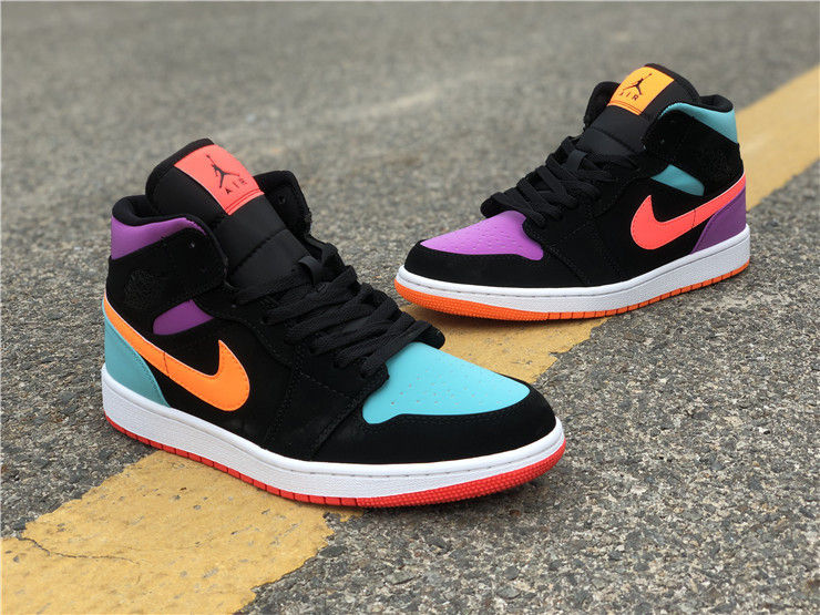Black Jordan sneakers with orange, purple, teal accents