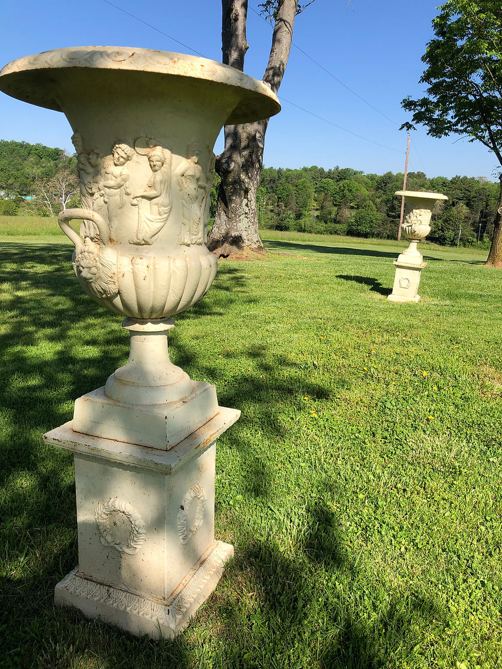 Thumbnail: Cast Iron Greek Revival Garden Estate Urns on Pedestals (Pair)