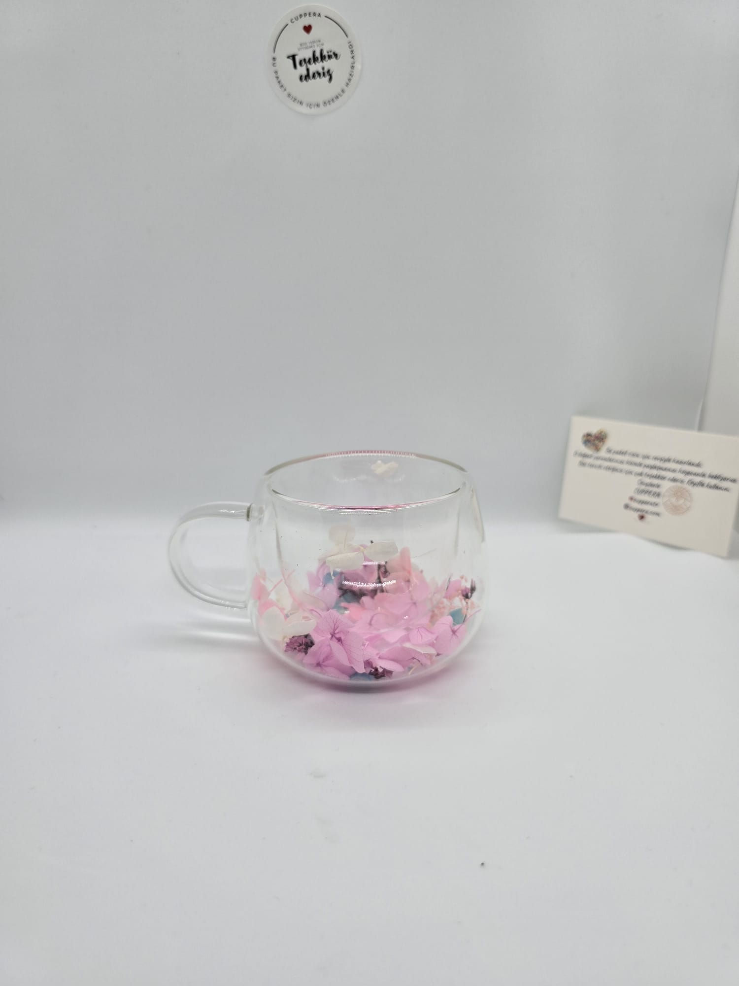 Isıya Dayanıklı Çift Cidarlı Kurutulmuş Canlı Çiçekli Pembe Beyaz Kupa