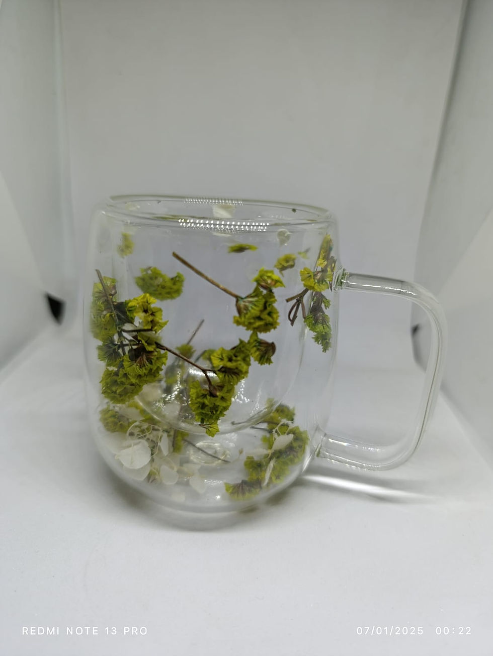 Isıya Dayanıklı Borosilikat Çift Çidarlı Yeşil Flower Cup Çiçekli Bardak