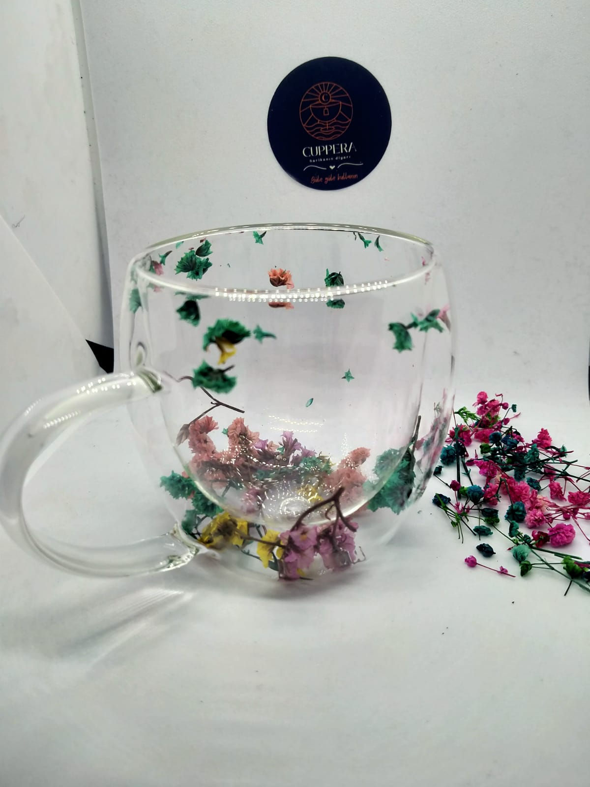 Isıya Dayanıklı Çift Cidarlı Kurutulmuş Canlı Çiçekli Kupa