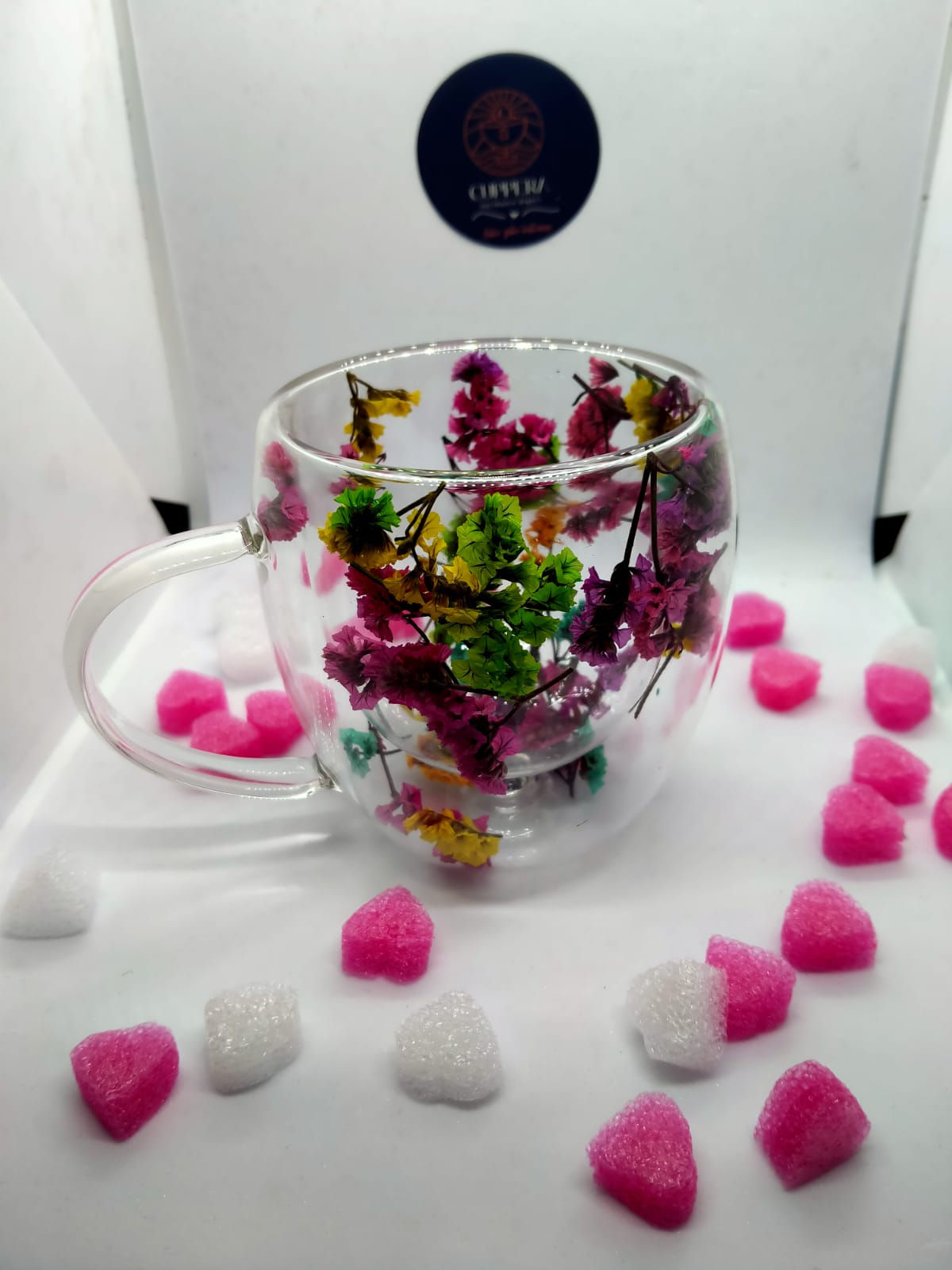 Isıya Dayanıklı Çift Cidarlı Kurutulmuş Canlı Çiçekli Kupa (Mor Yoğunluğu)