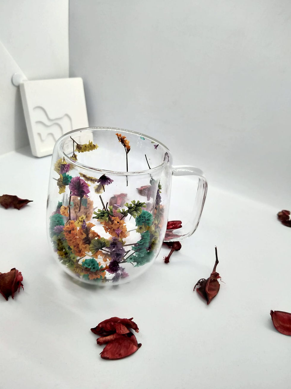 Isıya Dayanıklı Çift Cidarlı Kurutulmuş Canlı Çiçekli Kupa (Oval)