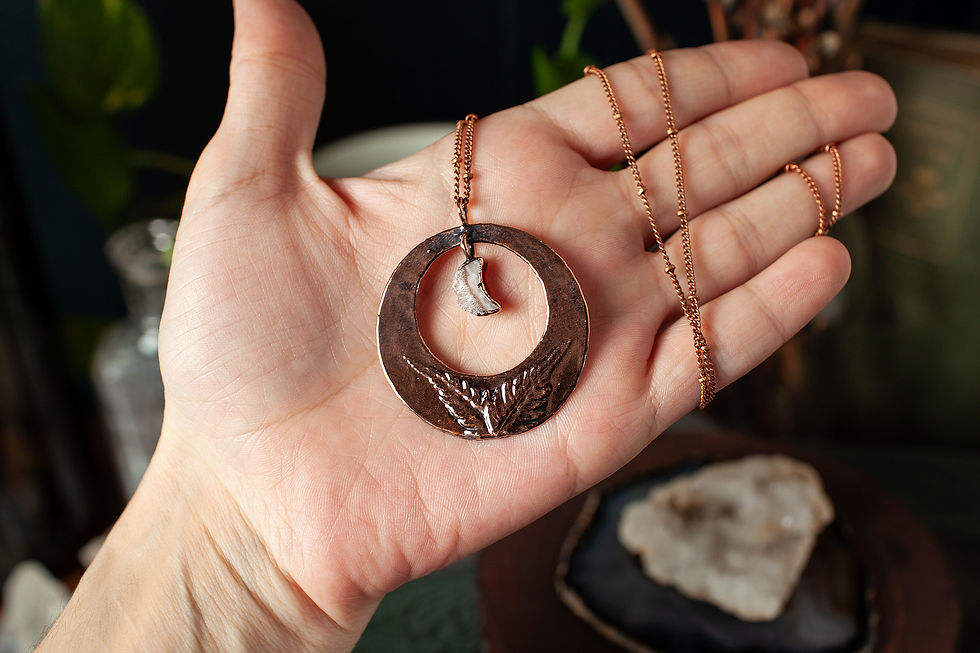 Thumbnail: Copper Fern Pendant with Amethyst Crescent Moon