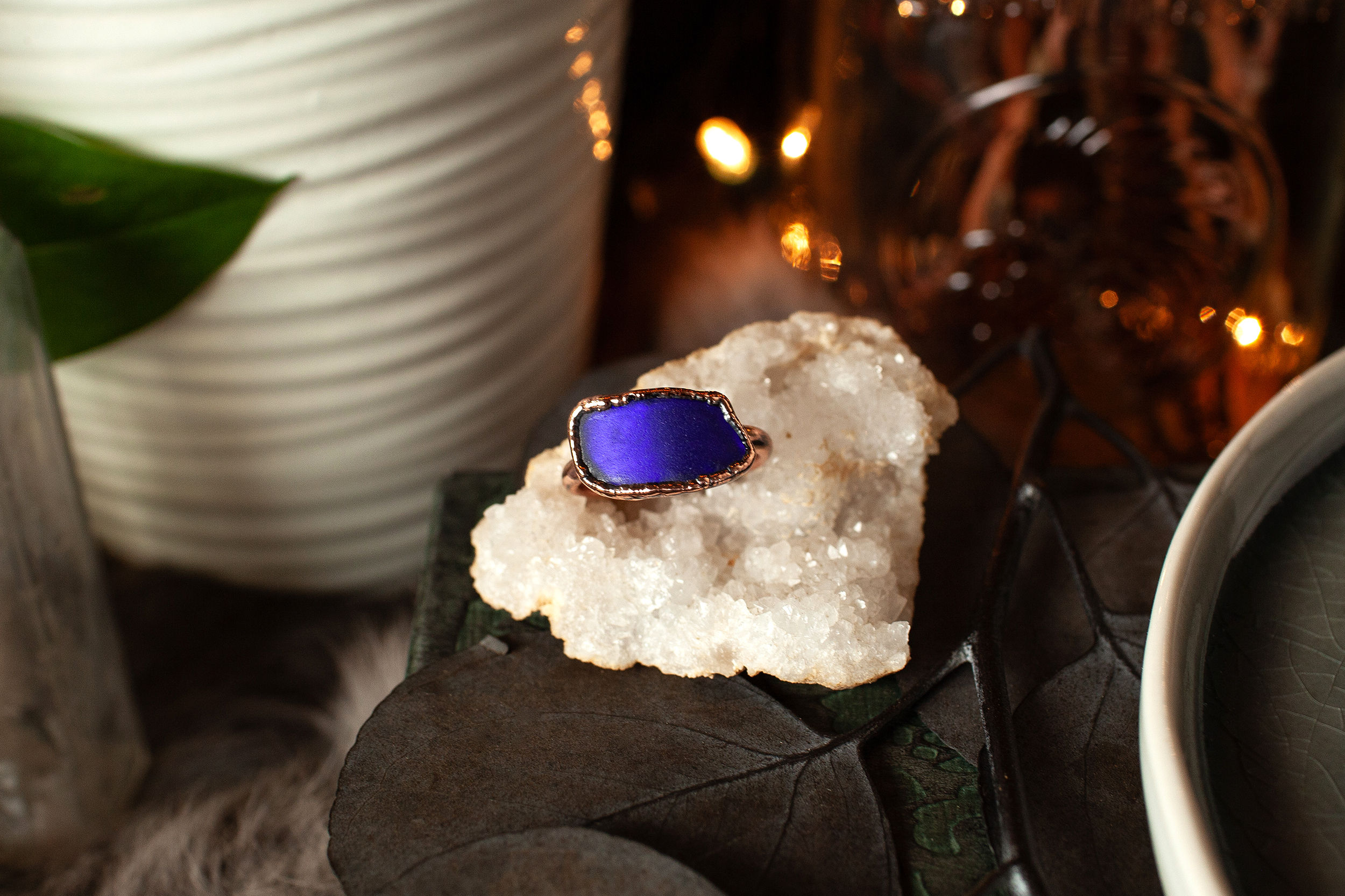 Cobalt Blue Sea Glass Copper Ring / Size 10 1/4