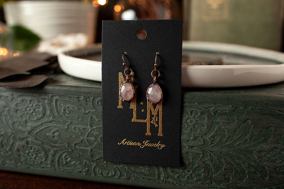 Thumbnail: Rose Cut Rose Quartz Copper Dangle Earrings
