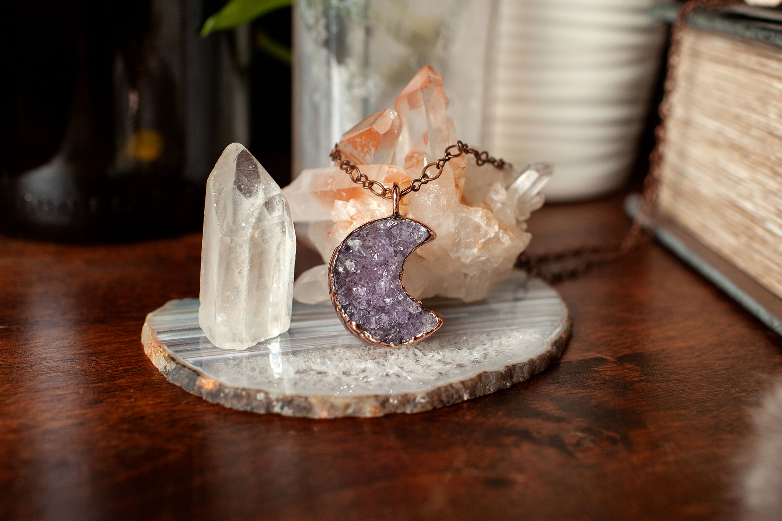 Amethyst Moon Pendant Necklace with Evergreen Detail