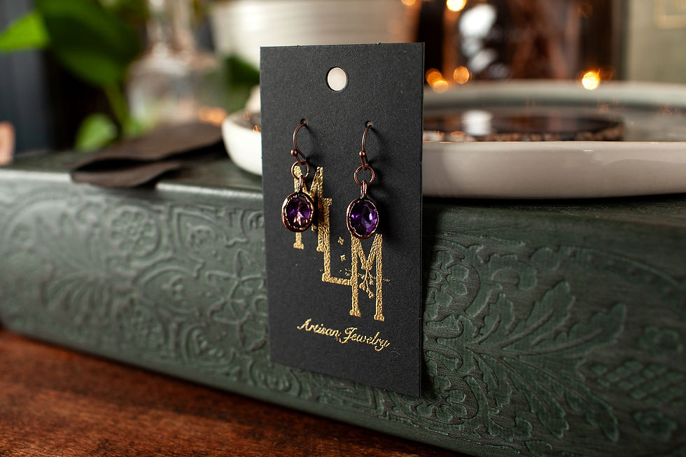 Thumbnail: Deep Purple Amethyst Copper Dangle Earrings