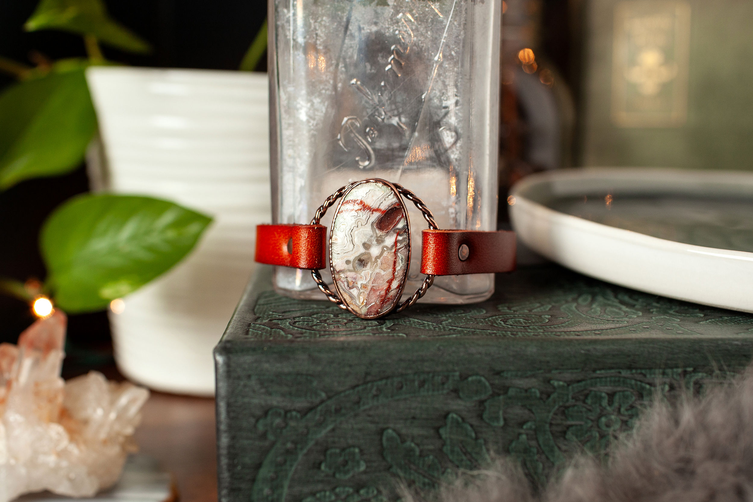 Crazy Lace Agate Copper & Leather Bracelet