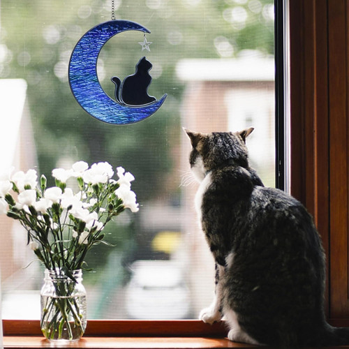 Cat Stained Glass Suncatcher – Cat On Moon Design, Real Glass Window Hanging