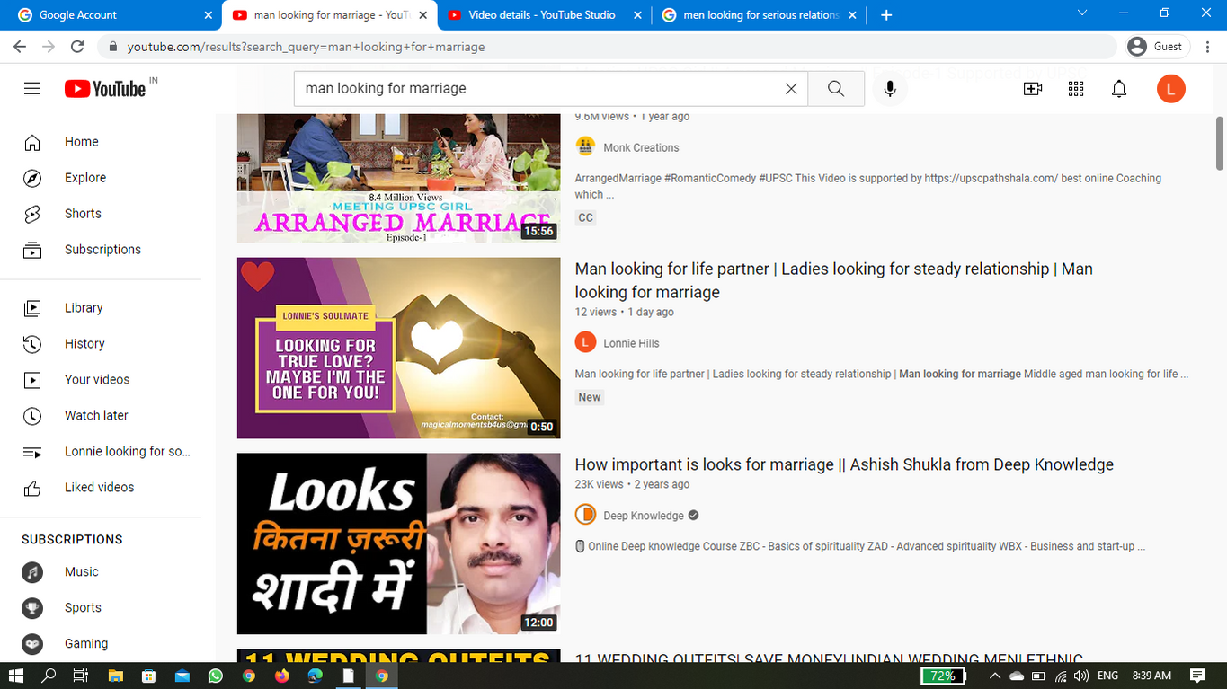 YouTube search results for arranged marriage videos