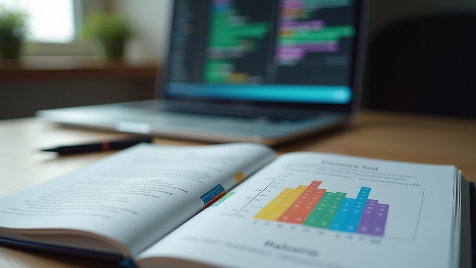 Close-up view of a colorful coding book and a laptop