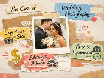 A collage shows a bride and groom smiling, surrounded by notes reading The Cost of Wedding Photography, Experience & Skill, Editing & Albums, and Time & Equipment, with camera and dollar icons—ideal for visualizing insights found via keyword research.
