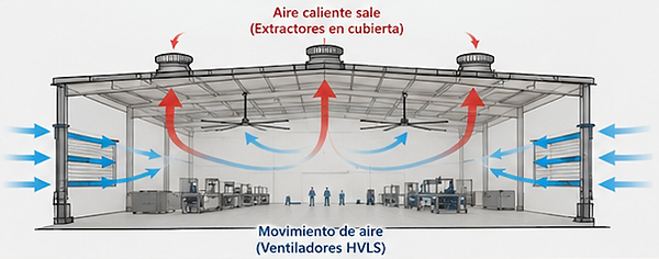 Diagrama de ventilación industrial con extracción, inyección y movimiento de aire