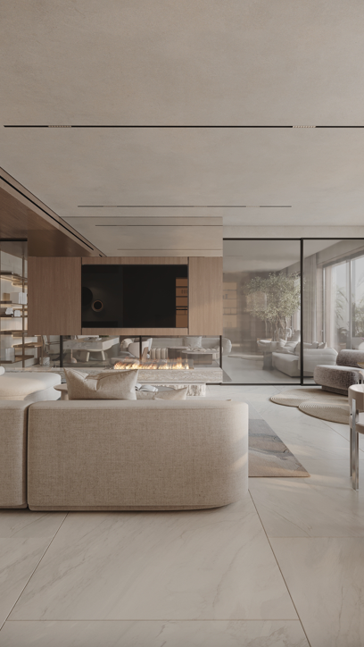 Minimalist çizgilerle tasarlanmış yaşam alanı, doğal malzeme vurgusuyla.