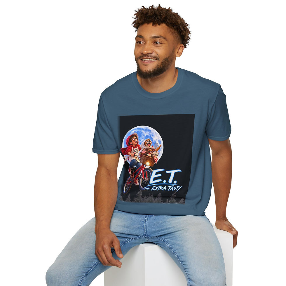 Thumbnail: T-Shirt — 'E.T. Extra Tasty' Parody Graphic Tee (Retro Moon Bike Design)