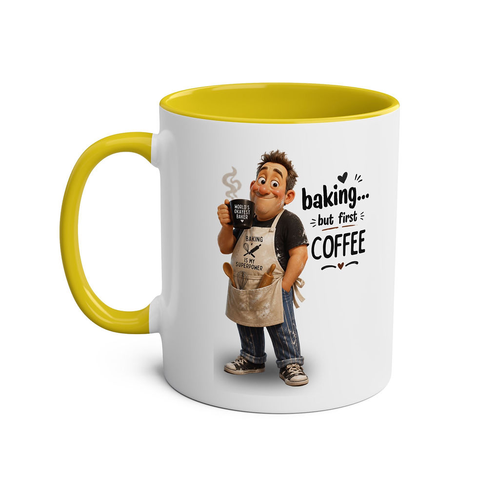 Thumbnail: Baker Cartoon Mug — “Baking... but first COFFEE” Two-Tone 11oz Coffee Mug