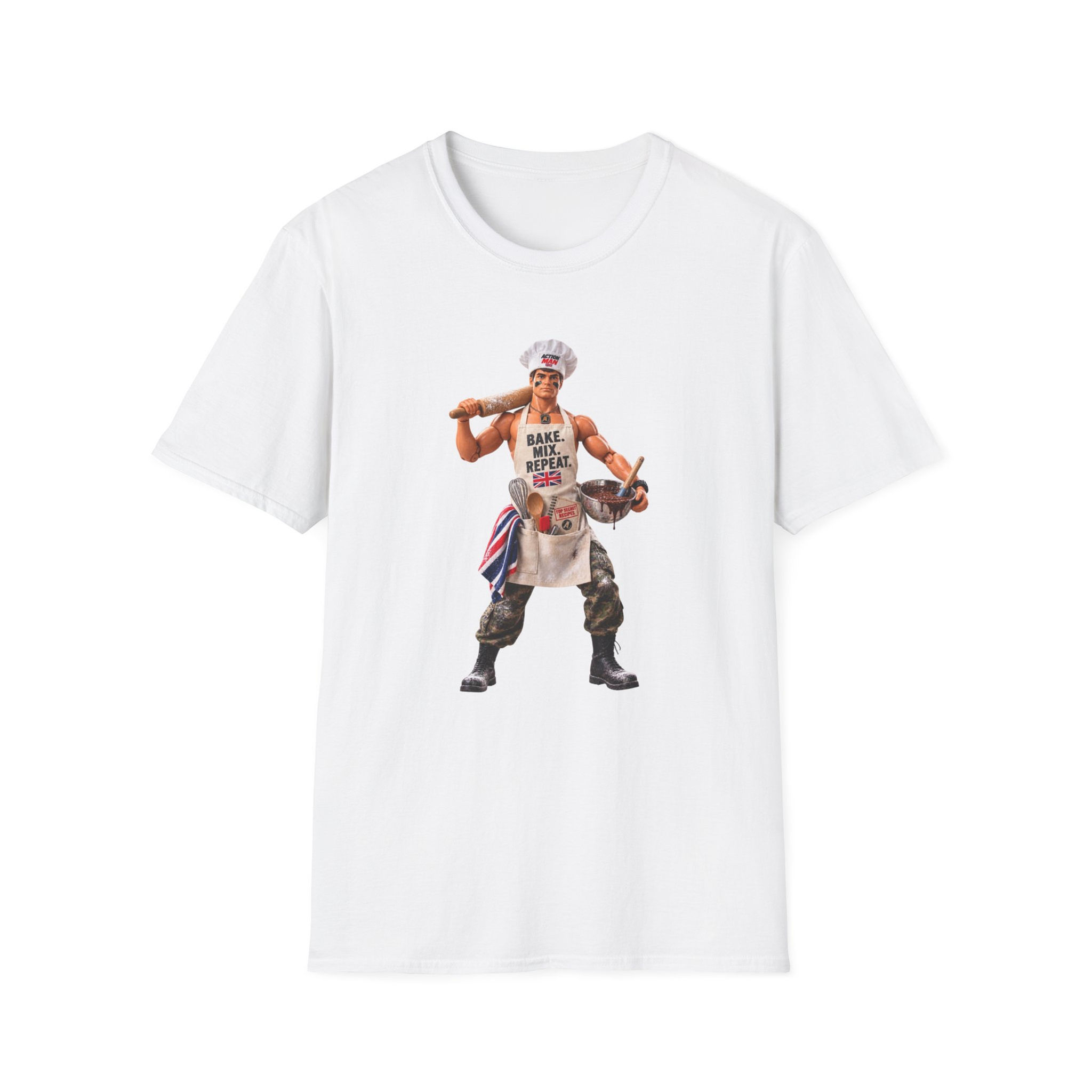 Action Man Baker T-Shirt - "Bake. Mix. Repeat." Graphic Tee