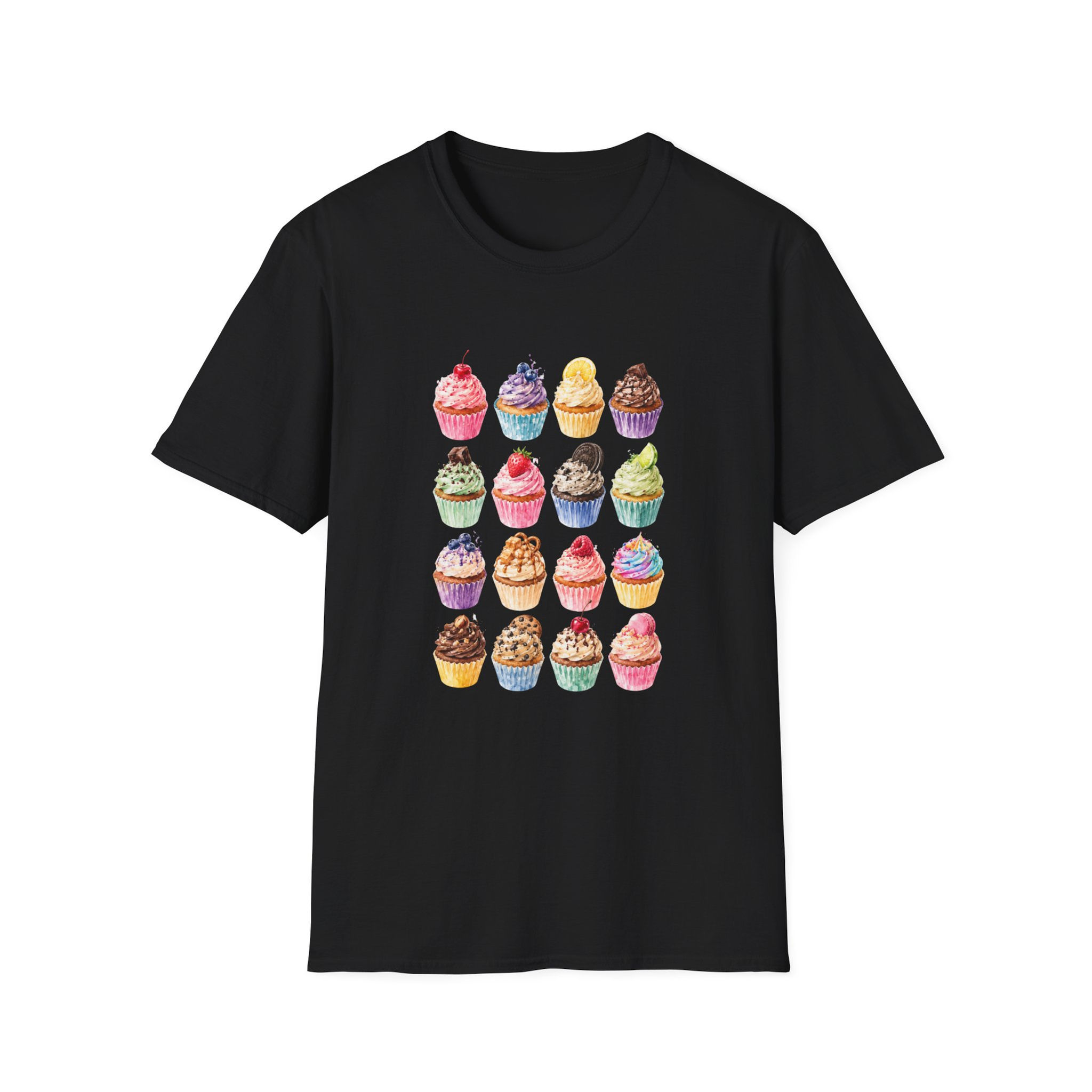 Cupcake Pattern T-Shirt — Colourful Watercolour Sweets Graphic Tee