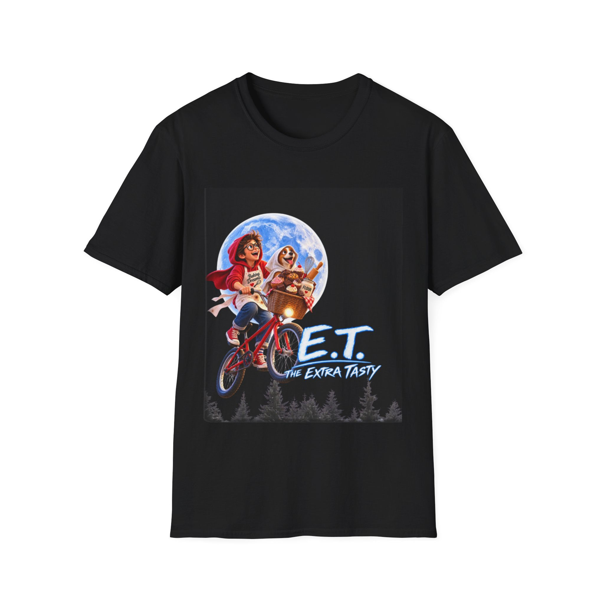 T-Shirt — 'E.T. Extra Tasty' Parody Graphic Tee (Retro Moon Bike Design)