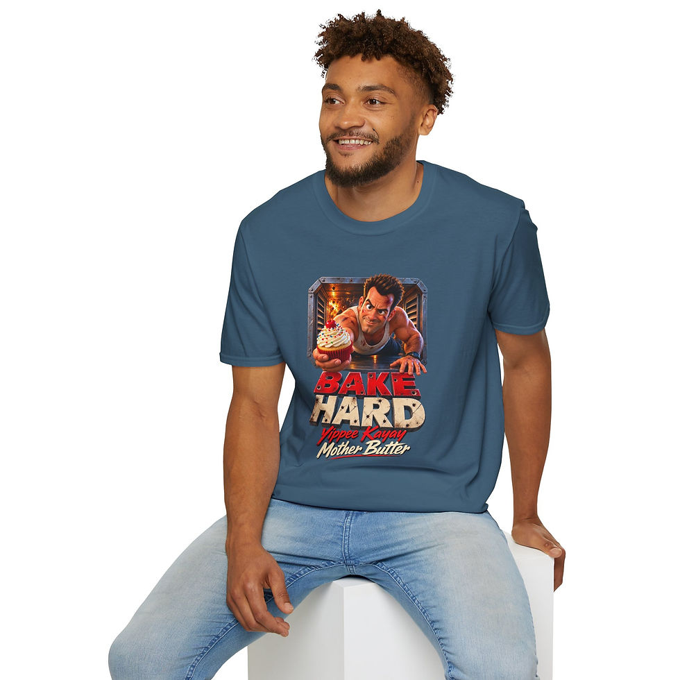Thumbnail: Bake Hard T-Shirt — Funny Action Movie Parody Baking Tee