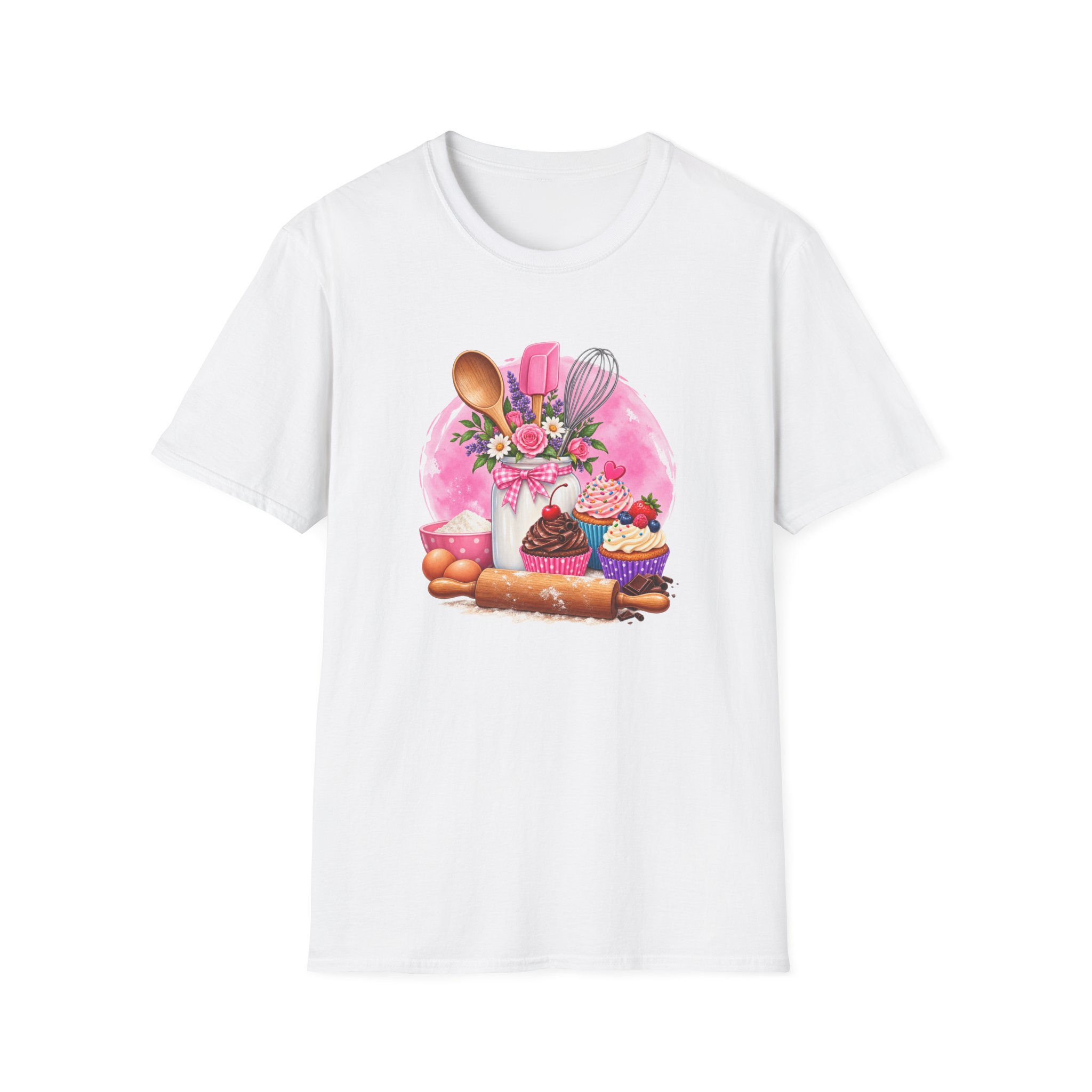 Baking Tools & Treats T-Shirt — Whimsical Cupcakes, Whisk & Wooden Spoon Design