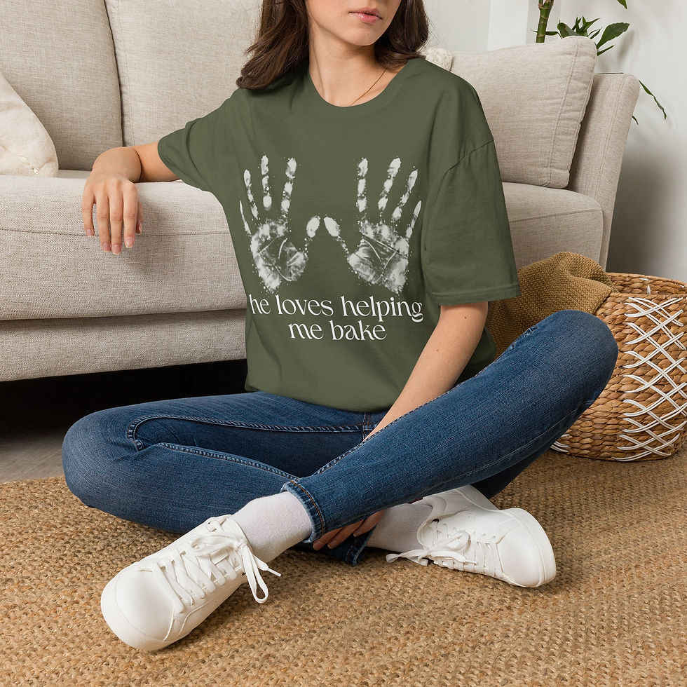 Thumbnail: Baker's Handprint T-Shirt — "He Loves Helping Me Bake" Graphic Tee