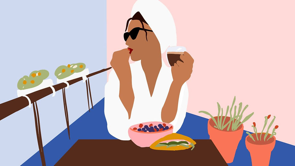 Woman eating on a balcony
