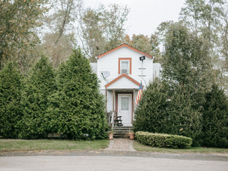 white house with green trees