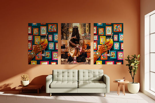 three art pieces of hand holding drink and man sitting on couch with goats in living room
