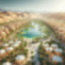 A stunning oasis city emerges from the desert landscape, featuring luxurious architecture and lush greenery surrounding a central turquoise lagoon, epitomizing a perfect blend of tradition and modernity.
