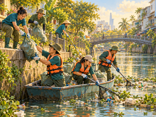 Volunteers collect rubbish from an urban canal using nets, a small boat, and collection bags in a warm-toned illustration.