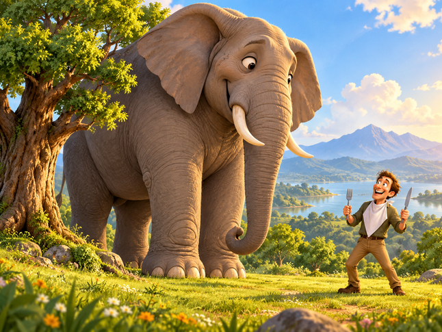 One large elephant and a small hungry person.
