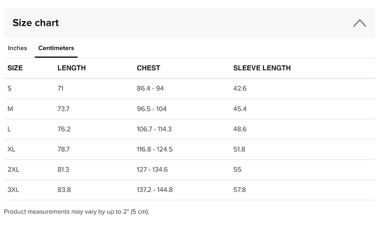 Classic Tee Size Chart (Centimeters)