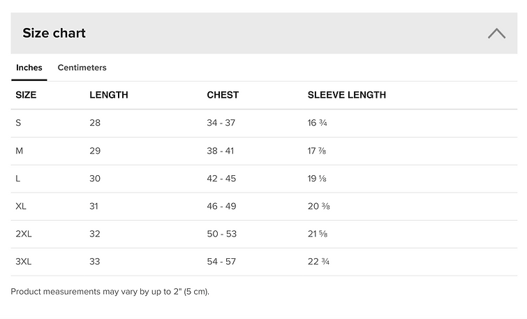Classic Tee Size Chart (Inches)