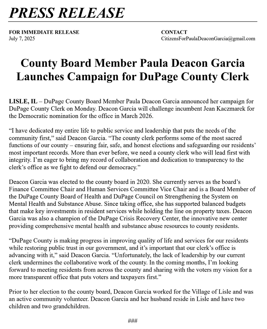 Paula Deacon Garcia Press Release