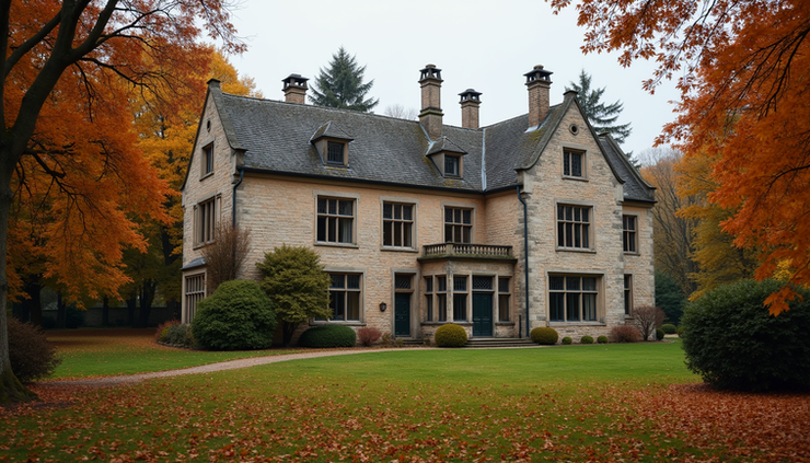 Eye-level view of Prospect Place Mansion’s grand facade with historic stonework and surrounding trees