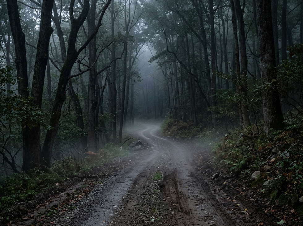 Mist‑covered Appalachian forest hinting at Ohio mythical creatures and cryptid legends.