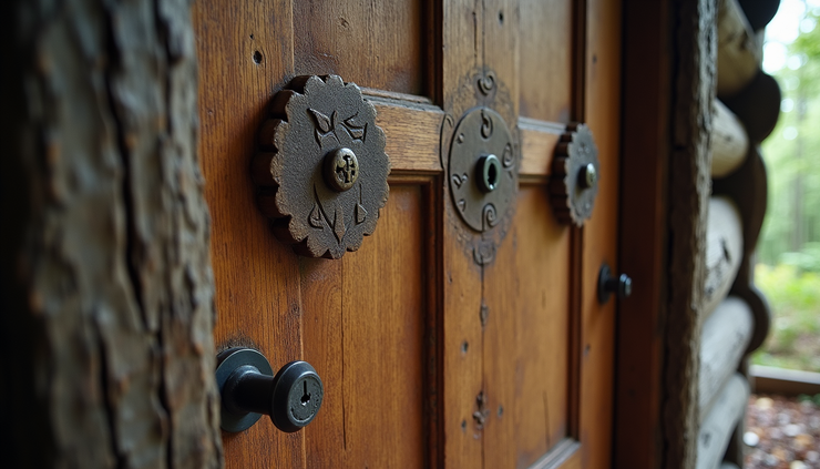 Eye-level view of a weathered wooden cabin door with carved protective symbols