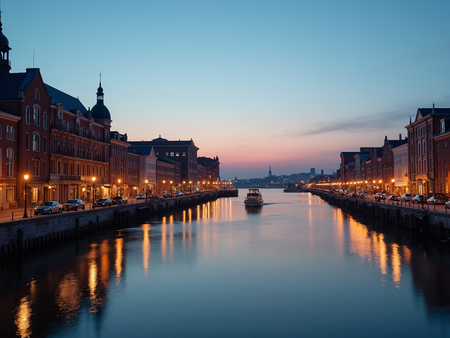 Photorealistic view of the Portsmouth, Ohio riverfront at dusk, with the floodwall and Ohio River in soft evening light, capturing the city’s historic atmosphere and moody Southern Ohio river scenery.