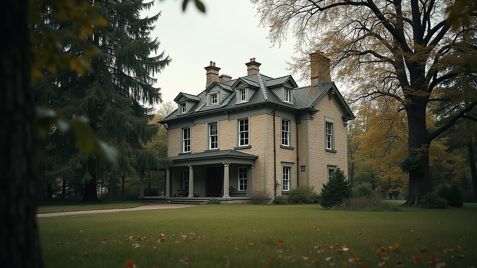 Eye-level view of an old mansion surrounded by trees