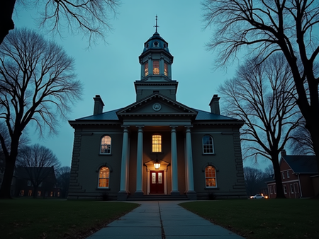 Historic courthouse in Chillicothe, Ohio, lit at dusk with tall white columns and a clock tower, framed by bare trees and an eerie winter sky