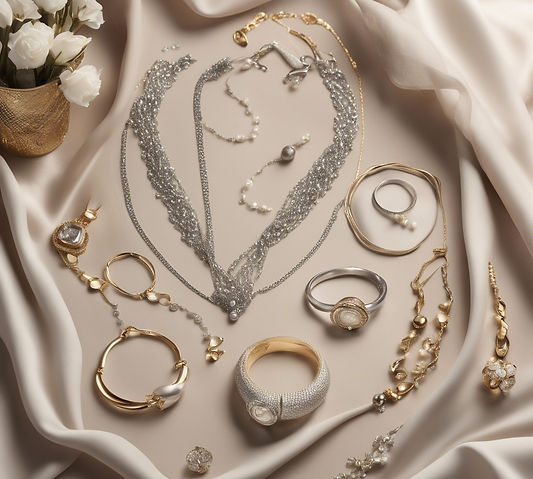 A luxurious flat-lay composition featuring elegant gold and silver jewelry, including neck