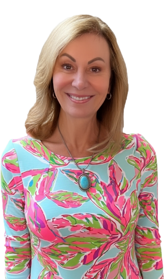 Julie Young in a floral dress