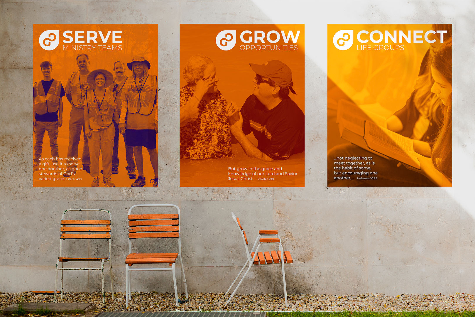 Gulf Gate Church posters promoting serve, grow, and connect