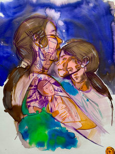 Agata Tkaczyk, Dubble portrait in watercolor technics, portrait of a child and a mother, maternity, portrait a gitlls with tatoos, blue and grin colors, girl, watercolor, portrait of a girl with brown hair, painting, modern masters, fine art, powered portrait, art that speaks, modern masters, amsterdam art scene, women art world, woman art, woman painter.