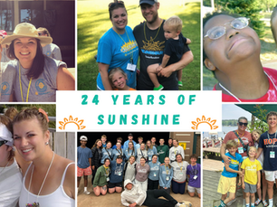 A collage of photos of Stacey Van Laan at Camp SUnshine