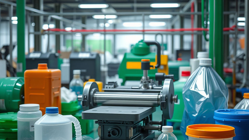 Plastic bottles and machinery fill a brightly lit factory with green and orange accents, creating a busy industrial atmosphere.