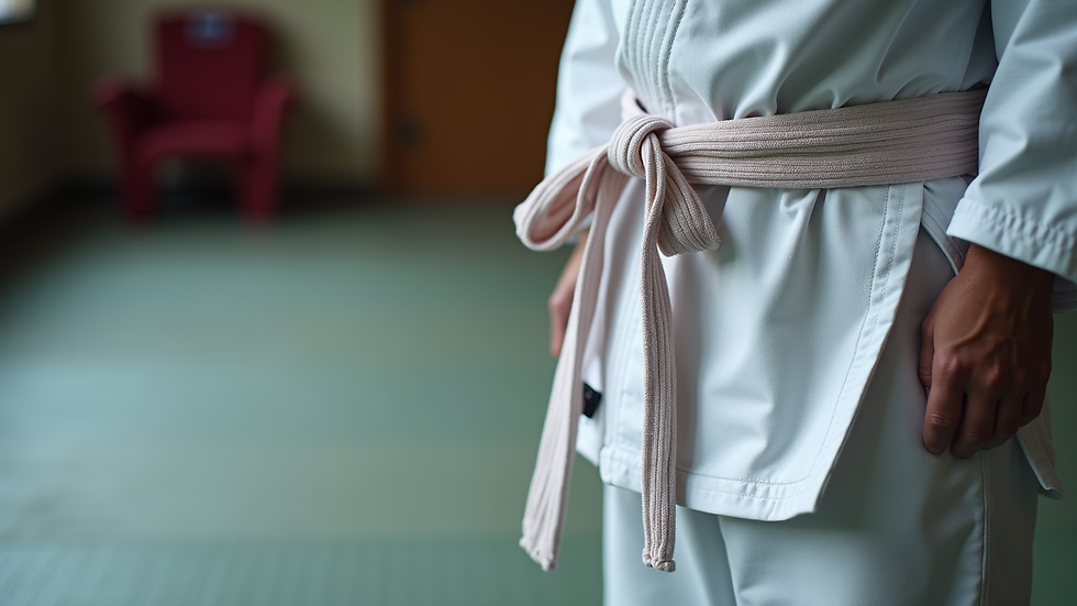 Close-up view of a karate belt tied neatly on a training mat